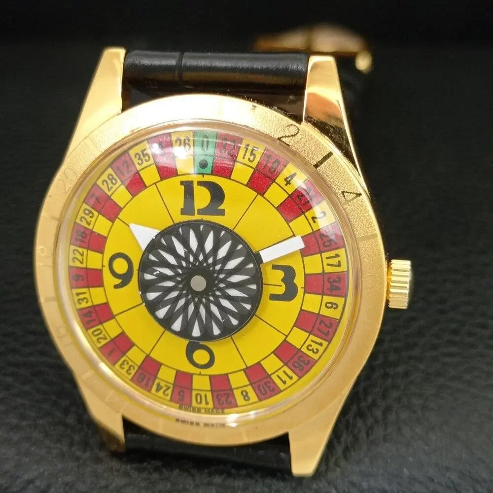 Vintage 1973 Roulette Manual Mens Gold Watch W/Leather Strap & Yellow accents